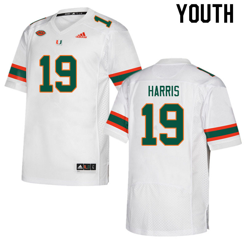 Youth #19 Jaden Harris Miami Hurricanes College Football Jerseys Sale-White - Click Image to Close